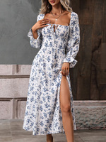 Robe longue maxi florale à pois pour femme, col carré, manches longues lanternes, dos ouvert, fente haute, coupe trapèze, style bohème, pour vacances et plage, vente en gros OEM