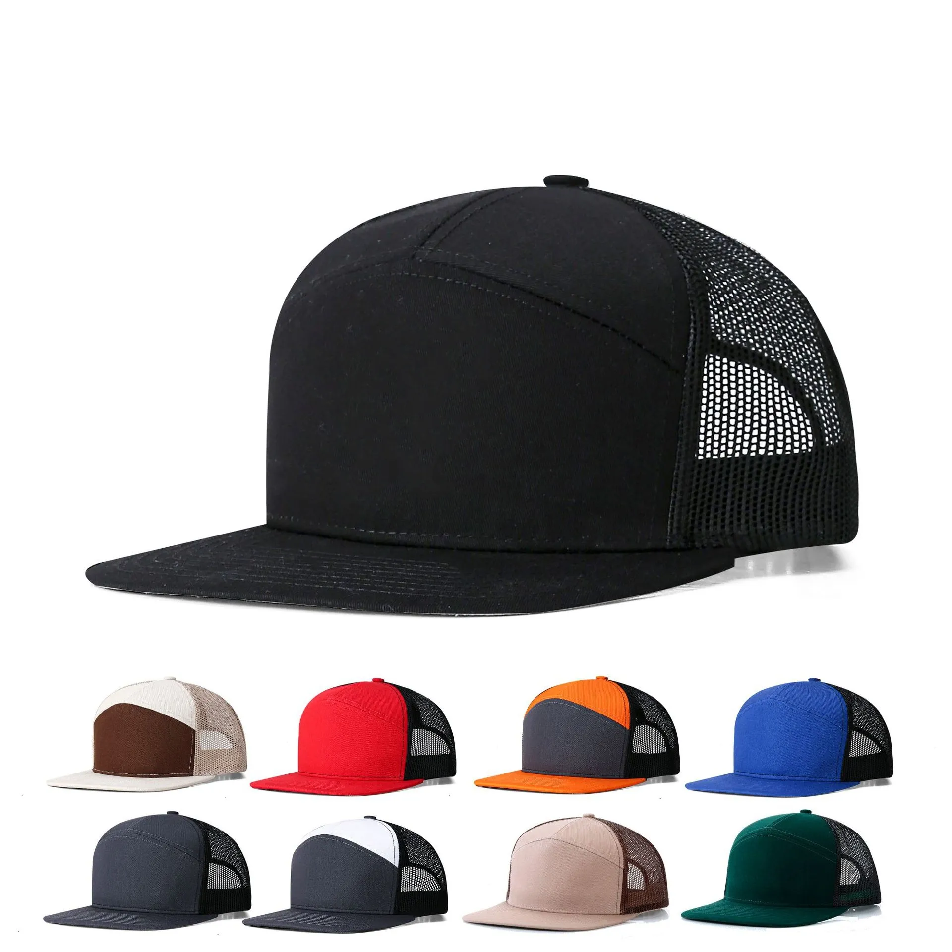 Wholesale Custom Logo 7 Panel Outdoor Breathable Flat Brim Sports Trucker Hat Two Tone Blank Cotton Snapback Cap With Mesh