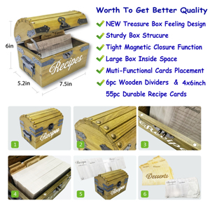 Caja de recetas de madera con 55 tarjetas (4x6 pulgadas) y 6 divisores de madera resistentes, organizadores de tarjeteros grandes Vintage personalizados para - Product Image 2