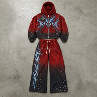 Ensemble sweat à capuche zippé et pantalon large pour homme avec motif abstrait et détails cloutés, style streetwear urbain OEM ODM