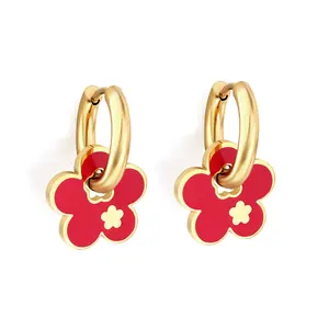 Ason Jewellery Stainless Steel Gold Color Plated Earrings Circle with Red Flower Accessories Earrings