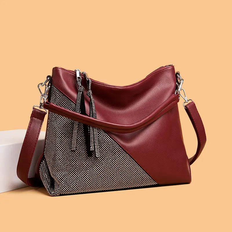 Latest Trend Style Tote Soft PU Leather Luxury Women's Bag Designer Ladies Crossbody Handbags with Bling Rhinestone Patchwork