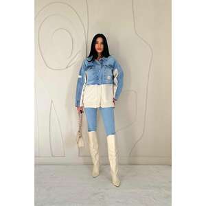 Veste en jean bleue avec dos en tricot contrastant, vêtements d'extérieur décontractés pour femmes - Product Image 4