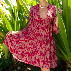 <span class=keywords><strong>Abito</strong></span> Hawaiano Estivo alla Moda con Stampa da Spiaggia, Scollo a V Profondo, Maniche a Campana, Multistrato, Personalizzato in <span class=keywords><strong>Cotone</strong></span>, Vestito Casual - Product Image 2