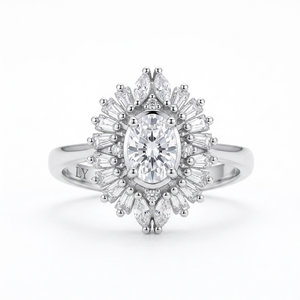 Sunburst Oval Halo Rhodium Plated Brass <b>Ring</b> with Oval CZ Vintage <b>Statement</b> <b>Ring</b> for Wedding Gift Party - Product Image 3