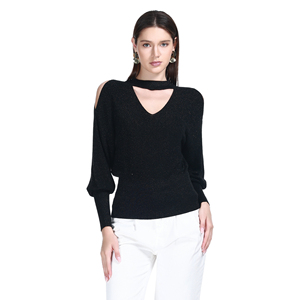 Haut <span class=keywords><strong>en</strong></span> maille tricotée <span class=keywords><strong>à</strong></span> col choker <span class=keywords><strong>en</strong></span> V, taille cintrée, fil doré, style moderne chic printemps-automne 2026 - Product Image 1