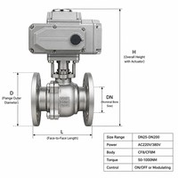 Válvula de bola eléctrica de accionamiento directo de fábrica, 220V CA, motorizada, de acero inoxidable, con extremo bridado, control 4-20mA para automatización inteligente
