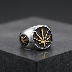 Men's Titanium Steel <b>Ring</b> With Gold Cannabis Leaf Design Silver And Gold Color Retro Punk Style Jewelry Gift 280679 - Product Image 3