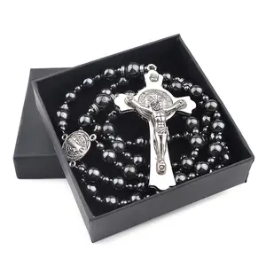 Hematite 8mm Natural Stone Beads Necklace with Gift Box Saint Benedict Catholic Men Rosary