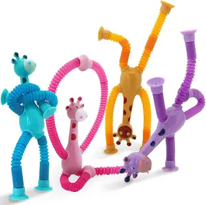 Decompression Stretch Toy Cute Cartoon Animal Giraffe Led Magic Sensory Stretch Plastic Suction Pop Tube Fidget Toy For Baby