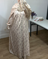 Abaya de prière modeste R-873 Dubaï, élégante, respirante, en mousseline, longueur cheville, manches longues, coupe ample, motif floral, Ramadan Aïd