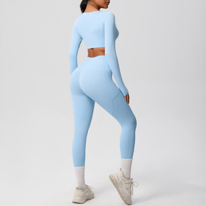 Doble cara cepillado transpirable alto elástico Yoga Top Color sólido deportes correr Fitness traje de dos piezas - Product Image 3