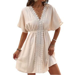 2025 New <b>Hot</b>-Selling Knee-Length Casual Solid Beach Bikini Cover-Up Ice Silk Fabric Lace Patchwork Breathable Summer Chiffon - Product Image 1