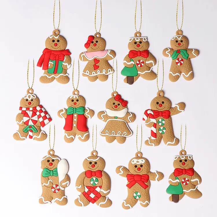 Hot Sale 12pcs Gingerbread Man Christmas Tree Ornaments Soft PVC Christmas Decorations Gingerbread Man