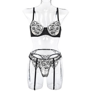 JN-Conjunto de lencería de 3 piezas para mujer, ropa interior de malla transparente con bordado floral - Product Image 5