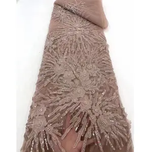 Оптовая продажа, вышивка 3D цветов, африканская французская кружевная ткань с блестками, роскошная кружевная ткань с бисером для свадебного платья