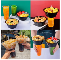 Gobelet 2-en-1 transparent en PP avec paille et logo personnalisé, bol jetable en plastique pour snacks et boissons, idéal pour bubble tea, fêtes et street food