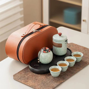 Juego de té de viaje Ru Ware con esmalte craquelado, kit de té Kung Fu de cerámica con bolsa portátil y bandeja para uso en exteriores - Product Image 1