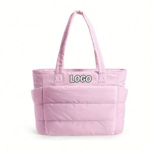 Custom Embroidery Winter Large Quilted <b>Pink</b> Laptop Compartments Handbag Soft Padding Lattice Satchel <b>Purse</b> Puffer Tote Bag Women - Product Image 1