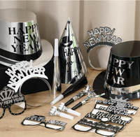Accessoires de fête du Nouvel An Noir et Argent : Chapeau haut-de-forme, Bandeau, Guirlande, Sifflet, Klaxon, Lunettes, Accessoires photo et Articles de fête