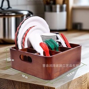 Wooden Multi Compartment Tableware <b>Storage</b> <b>Box</b> 10.5 In With Handle For <b>Kitchen</b> Drawer Organizer - Product Image 1