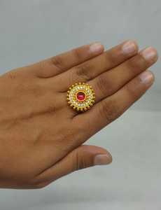 Anillo de Cristal Rojo Rubí Redondo Ornamentado, Chapado en Oro, Halo Concéntrico, Circonita Cúbica, Anillo de Joyería Étnica de Moda al por Mayor - Product Image 2