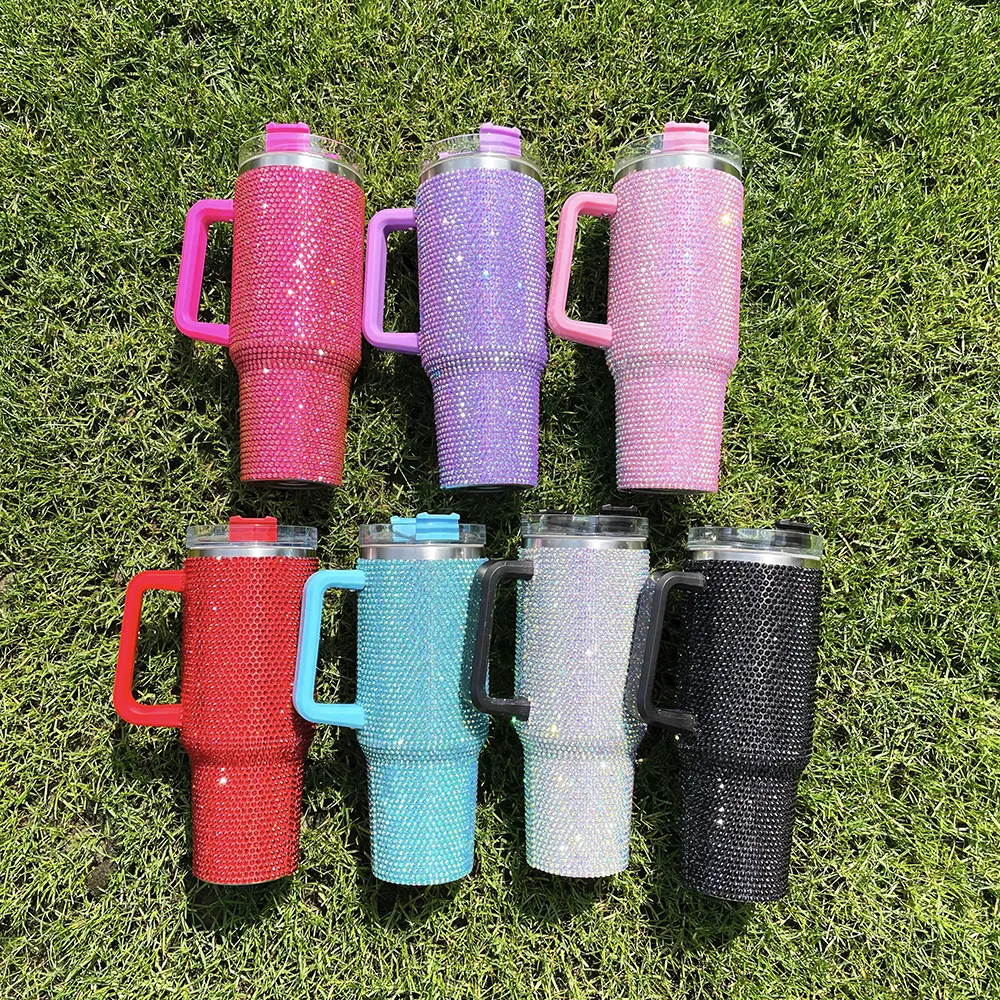 RTS Stainless Steel Mug mixed colors Rhinestone Studded 40oz insulated Tumbler with handle and straw summer camping cup