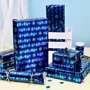 Papel de Regalo Feliz Hanukkah de 17 pulgadas x 33 pies, Papel de Regalo Metálico Azul de Doble Cara para Hanukkah - Product Image 4