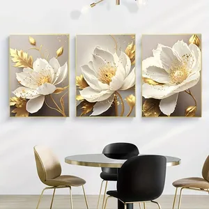 großhandel Leinwand-Aufschlag goldene Pflanze weiße Blume Wandkunst moderne rahmenlose Landschaft individuelles Bild Leinwanddruck malerei