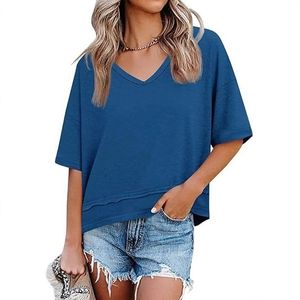 Camiseta de Manga Corta con Cuello en V para Mujer, Diseño Casual de Primavera/Verano, Color Sólido, Transpirable, de Secado Rápido, Algodón de Color - Product Image 6