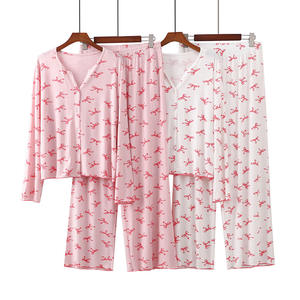 PJ-055 Conjunto de pantalones de manga larga de modal acanalado para mujer, cárdigan con cuello en V, ropa para el hogar, rosa, blanco - Product Image 1