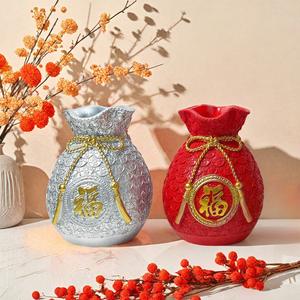 Red Lucky Lucky Bag Vase Epoxy <b>Resin</b> <b>Sculpted</b> Folk Art Creative Crafts Ornament Living Room Entrance Housewarming Gifts - Product Image 2