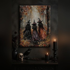 Art mural « Trois Sorcières Forêt d'Automne » – Toile encadrée « Filles Sorcières Gothiques dans les Bois d'Automne » – Décoration d'Halloween pour Chambre et Maison - Product Image 1