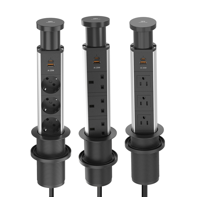 US/UK/EU Receptacle Power Strip with 15W Wireless Charging and Type C PD20W Fast Charging Pull Pop up Power Socket Outlet