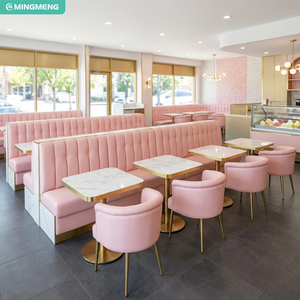 ชุดที่นั่งบูธร้านอาหารหุ้มเบาะสีชมพู โต๊ะรับประทานอาหารหินเผา และเก้าอี้หนัง PU สำหรับร้านขนมหวาน คาเฟ่ - Product Image 1