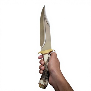 Cuchillos de Hoja Fija de Acero de Damasco con Mango de Asta de Ciervo y Funda de Cuero, Espiga Completa, para Caza y Camping, OEM, Punta Caída - Product Image 1