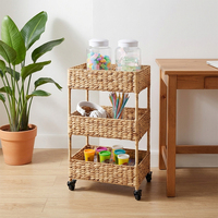 Étagère de rangement en herbe tressée à 3 niveaux avec roulettes, panier de rangement fait main pour salle de bain et chambre à coucher