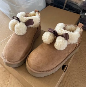 Pom pom bow decor suede short snow <b>boots</b> thick plush lining thick platform sole warm winter uggs <b>boots</b> for women - Product Image 1