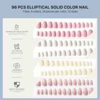96 faux ongles elliptiques en gel ABS couleur unie, couverture complète, 4 couleurs, 24 pièces, 12 tailles, pré-conçus, minimalistes, réutilisables