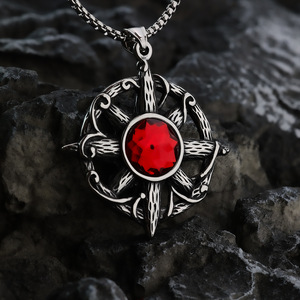 Yunnique – pendentif croix Vintage en acier inoxydable, avec incrustation de rubis rouge, design géométrique, pour hommes, collier, breloque, cadeau - Product Image 1