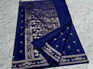 Sari indien traditionnel en soie bleu marine avec broderie florale en zari argenté, tenue de mariage pour femmes, sari long jusqu'au sol - Product Image 2