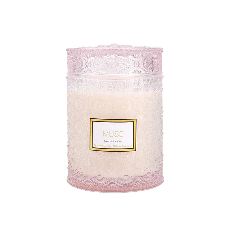 2024 Custom Logo Luxury Candle Jars embossed daisy pattern Shape Glass Candle Jars With Glass Lids