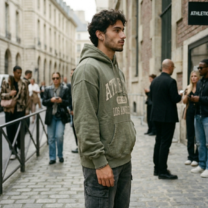 Felpa con Cappuccio Verde Oliva Lavata da Uomo, Stampa <span class=keywords><strong>Los</strong></span> <span class=keywords><strong>Angeles</strong></span>, Personalizzabile OEM, Alta Qualità, Streetwear Casual - Product Image 3