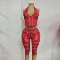 Nouvel Arrivage Été 2026 – Ensemble 2 Pièces Rayé Sans Manches Col V Halter et Pantalon Capri – Tenue Quotidienne – Logo Personnalisé – Qualité Supérieure – Vente en Gros