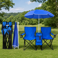 Chaise de camping pliable double bleu royal avec parasol amovible et sac isotherme, chaise de plage à structure en acier