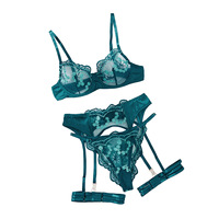 Ensemble de lingerie 4 pièces en dentelle brodée motif marguerite vert sarcelle, soutien-gorge push-up à bordure cils avec jarretelles S-L
