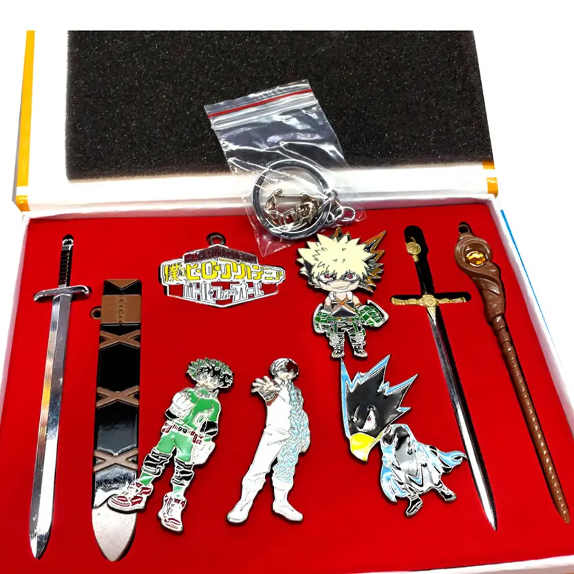 Lot de 9 figurines my hero academia Todoroki Bakugou en alliage de zinc, porte-clés, épée, badge, kit avec boîte cadeau