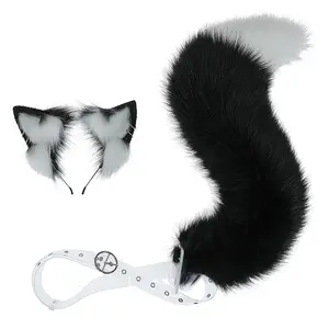 Handcrafted Premium Wool Fursuit Cosplay Black And Grey Fox Ears And Tail Sets Used As Gifts For Christmas Halloween Lolita