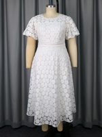 AM050348 Robe Maxi Décontractée Blanche en Dentelle pour Femmes, Manches Bouffantes d'Été, Coupe Trapèze Grandes Tailles