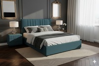 Cadre de lit double contemporain en bois avec sommier tapissier en velours, style industriel durable, design de lit moelleux, confort et gain de place